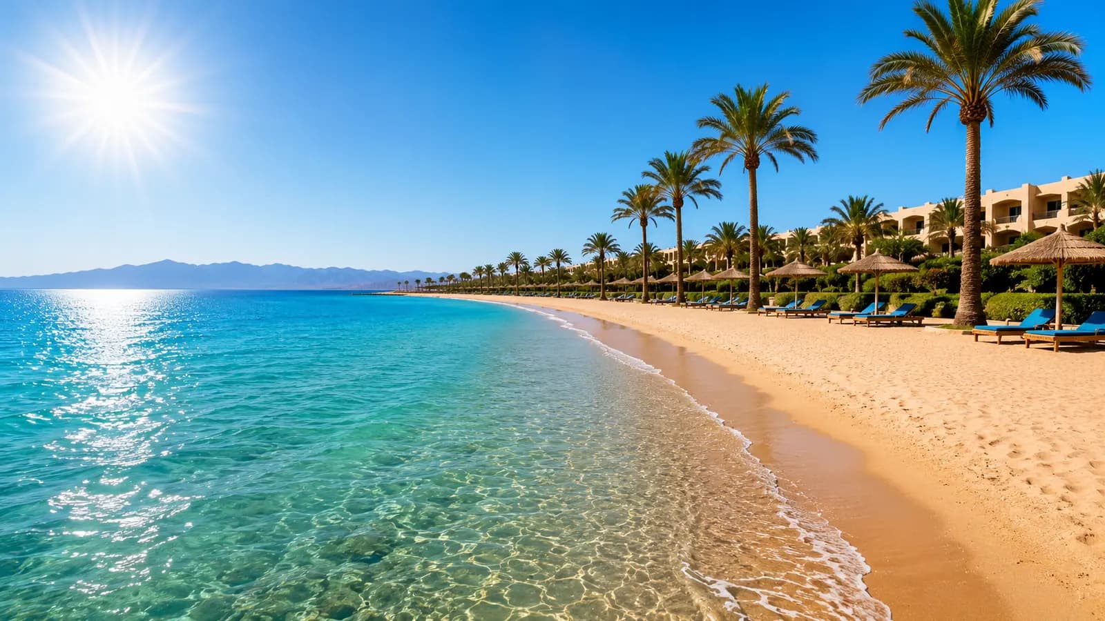 Sonniger Strand und klares Meer in Makadi Bay